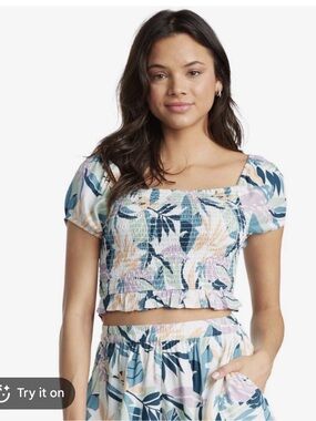 Roxy Birdy Song Pastel Floral Smocked Puff Sleeve Crop Top